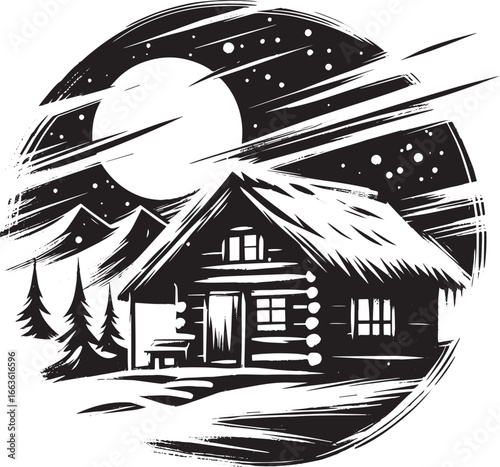 Monochrome winter cabin retreat artwork with minimalist sumi-e b