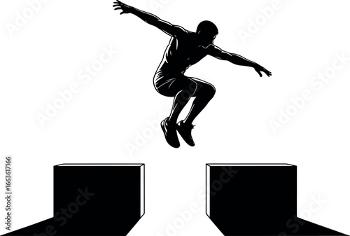 Silhouette of a muscular man jumping between two blocks demonstrating athleticism and overcoming obstacles with strength and determination in black and white