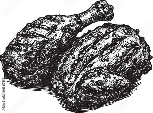 Detailed black and white woodcut drawing of tandoori chicken on