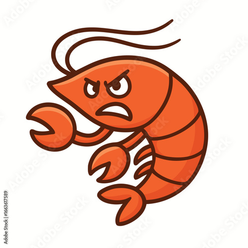 Angry Shrimp Cartoon Illustration – Red Prawn Character with Mad Expression