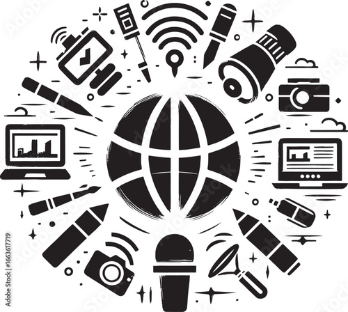 Global news dissemination tools illustration in minimalist sumi-
