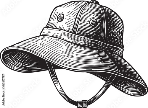 Classic Safari Hat in Detailed Woodcut Style: A Timeless Adventu