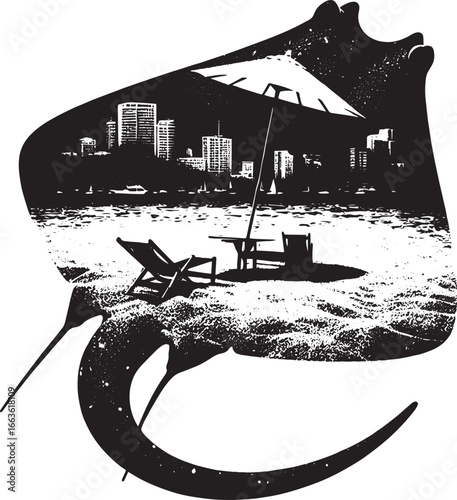 Silhouette of a beach scene with cityscape background, umbrella, and Marlin fish shape