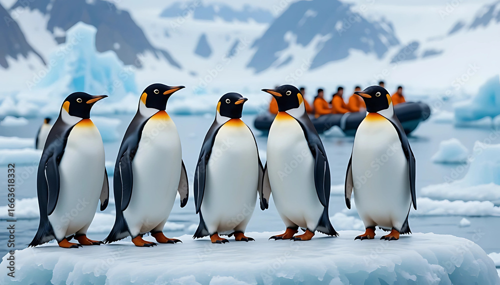 Obraz premium Emperor Penguins on an Iceberg in Antarctica with Tourists in a Zodiac Boat, Surrounded by Snowy Mountains and Icebergs - Nature, Wildlife, Travel, and Adventure