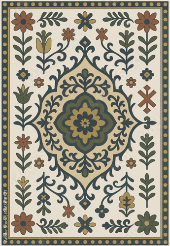 Folk art inspired Persian Vector Carpet with modern Pattern in high definition isolated on white canvas with trending colors
