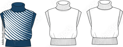 CAD drawing flat vector illustration of sleeveless turtleneck sweaters, front views, ribbed finishes, striped and plain styles, technical garment sketch, fashion template, clothing design layout