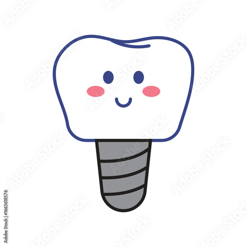 Catoon tooth with dental implant. Tooth implant vector flat illustration.