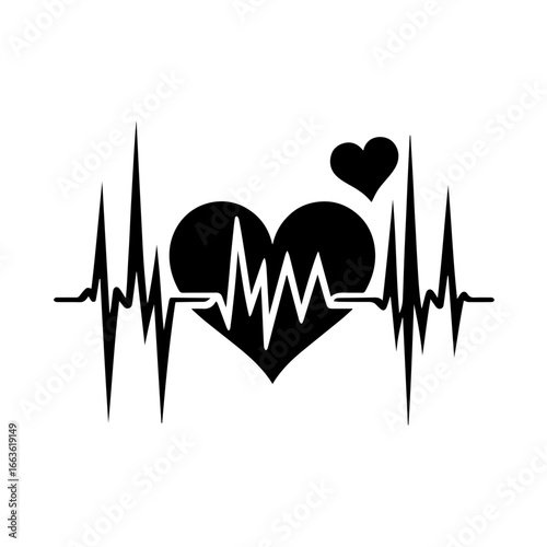 Black and white vector silhouette of a Heartbeat Love Line on a white background