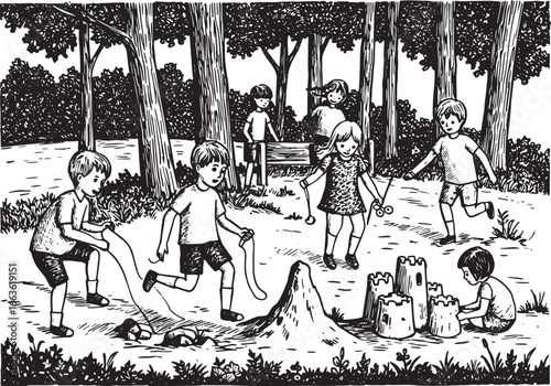 Whimsical Woodcut: Children's Outdoor Adventures and Imagination