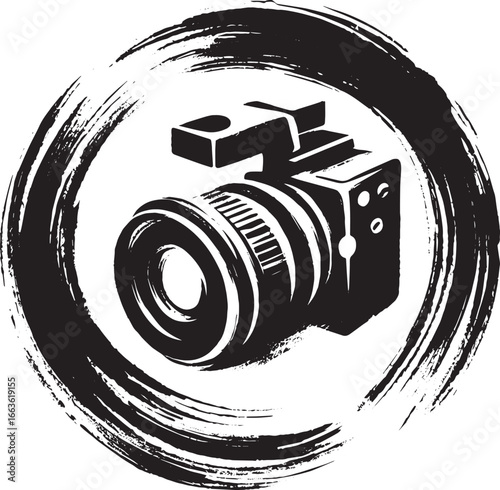 Dramatic brushstroke camera icon logo design perfect for film pr