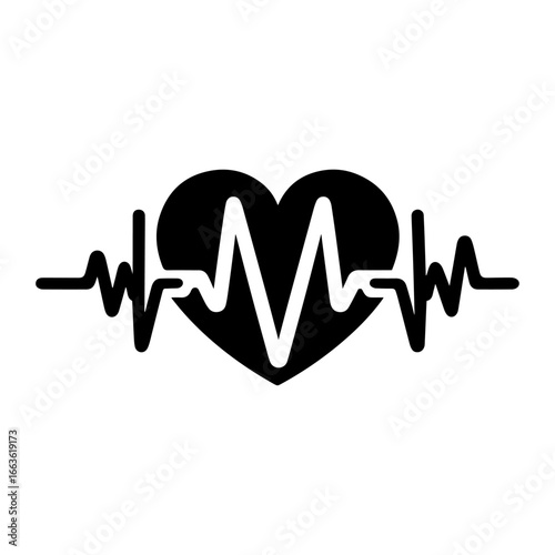 Black and white vector silhouette of a heartbeat Love Line on a white background