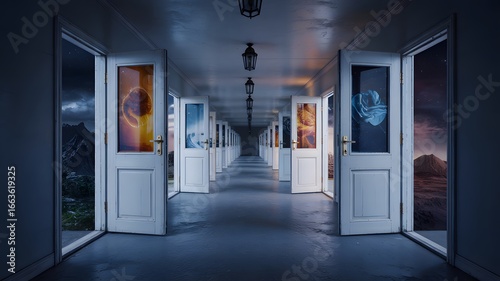 Discover infinite possibilities through an endless hallway of open doors leading to diverse surreal landscapes