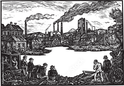 Monochromatic woodcut illustrating industrial life amidst social
