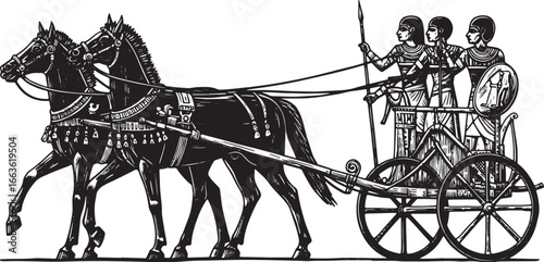 Ancient Egyptian War Chariot: Woodcut Style Depiction in Black a