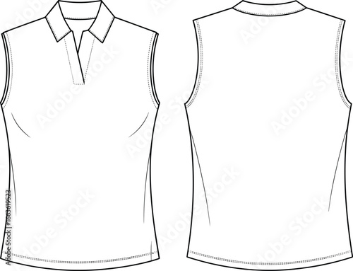 CAD drawing flat vector illustration of sleeveless women’s polo top, front and back view, collar design, fitted cut, technical sketch