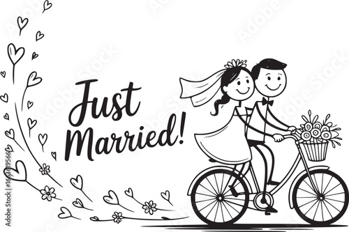 Forever United on Wheels: A charming depiction of a newly married couple joyfully pedaling away on a bicycle. The scene radiates love, promising endless adventures together.