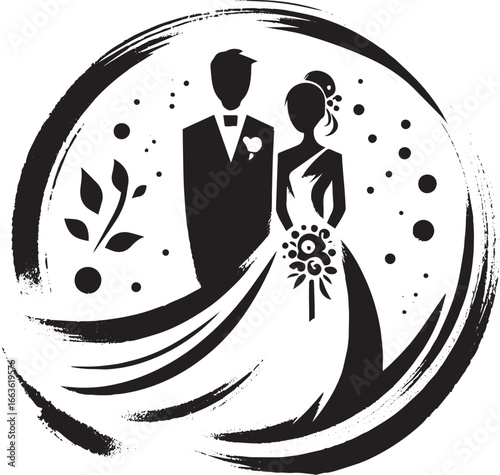 Elegant brushstroke wedding illustration, couple silhouette with