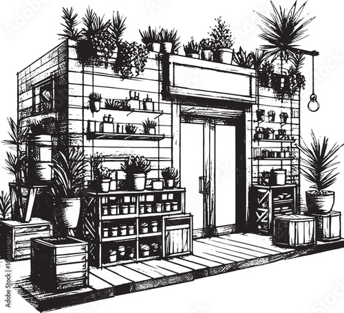 Black and white illustration of a botanical shop exterior with plants and signage detail