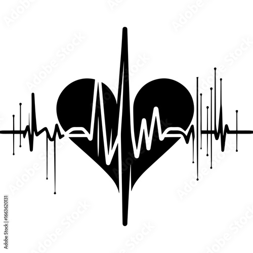 Black and white vector silhouette of a heartbeat Love Line on a white background