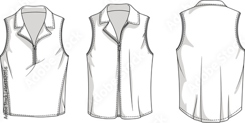 CAD drawing flat vector illustration of sleeveless vest, scoop neckline, detailed stitching, stylish fashion garment layout, front and back views CAD 