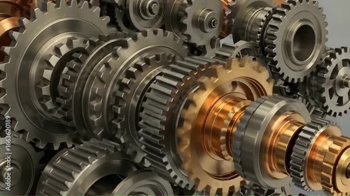 Closeup of metallic gears and machinery parts interlocking
