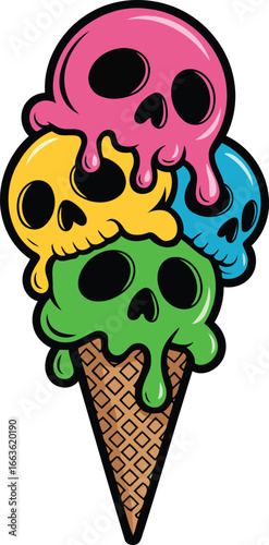 Colorful Skull Ice Cream Cone Vector Illustration in Creepy Horror Pop Art Style.