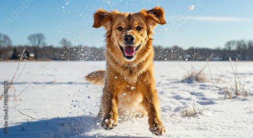 Joyful Golden Retriever Puppy Jumping in Snow with Snowflakes and Winter Sunlight