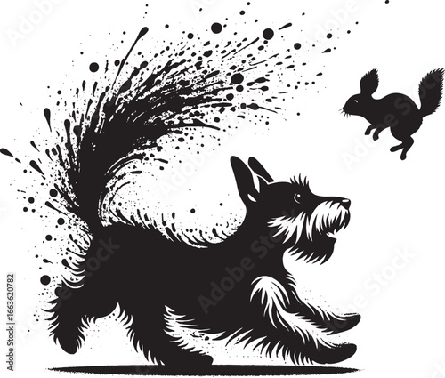 Whimsical illustration of a dog chasing a squirrel with a dynamic black and white design