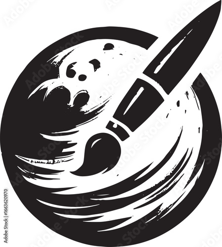 Monochrome artistic emblem featuring a paintbrush within a textu