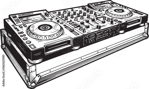 Detailed woodcut drawing of a DJ booth isolated, high-resolution