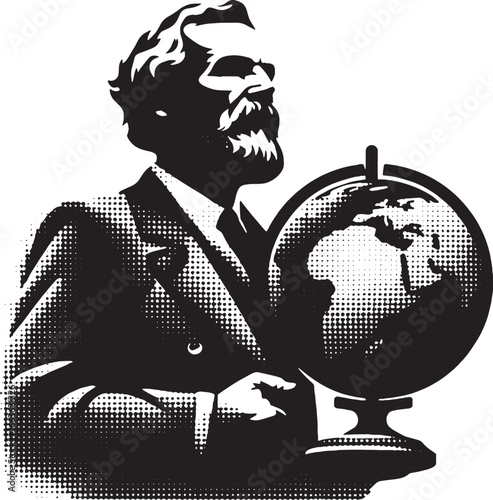 Illustration of a distinguished man holding a globe representing knowledge and the world