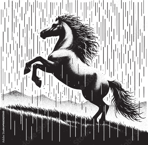 A Dramatic Black and White Illustration of a Rearing Horse in a Stormy Landscape Scene