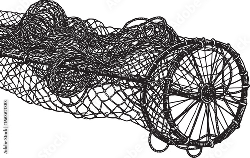 Hand-drawn vintage drift gillnets illustration, black and white
