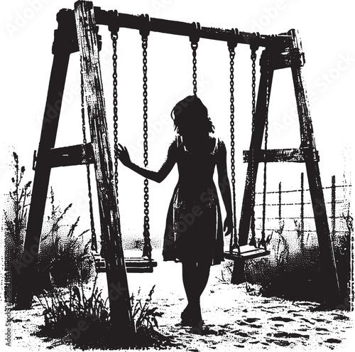 Silhouette of a Girl Standing Near a Wooden Swing Set on a Textured Background