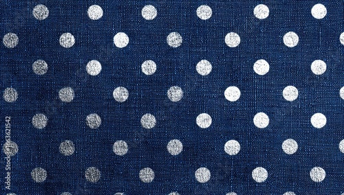 Close-up of navy blue fabric with a polka dot pattern