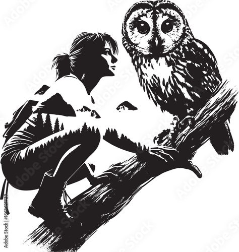 Silhouette of a Woman Observing an Owl Perched on a Branch, Nature and Wildlife Theme