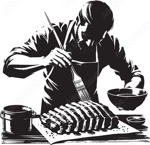 Monochrome illustration of a man basting ribs with a brush in Su