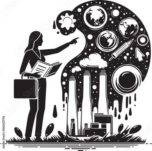 Conceptual illustration of environmental awareness and industrial impact on the planet