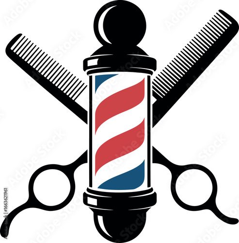 Barbershop logo design with barber pole crossed combs and scissors a classic emblem of hairstyling and grooming services vector illustration
