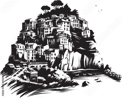 Monochrome Sumi-e Representation of a Seaside Village Nestled At