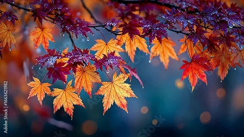 Close-up of colorful maple leaves on a tree branch with raindrops, glowing in soft autumn light against a blurred background.