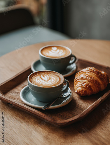 Fresh croissant and two lattes with latte art served on a tray in a warm coffee shop atmosphere.