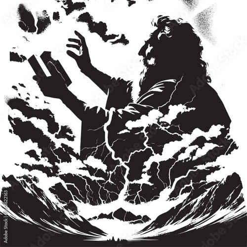 Dramatic Illustration Depicting a Biblical Scene with a Figure and Stormy Environment