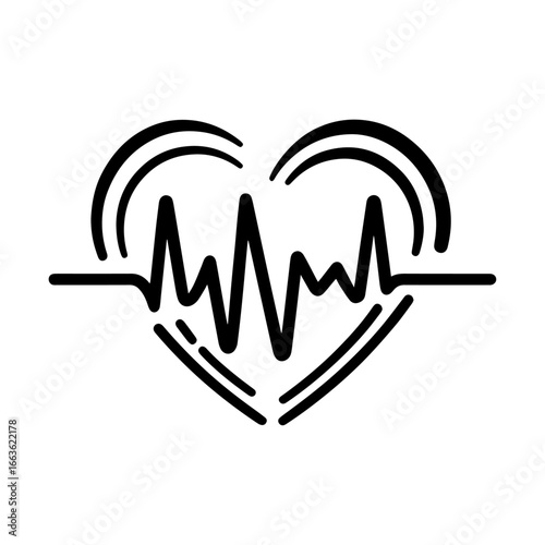 Black and white vector silhouette of a.Heartbeat Love Line on a white background