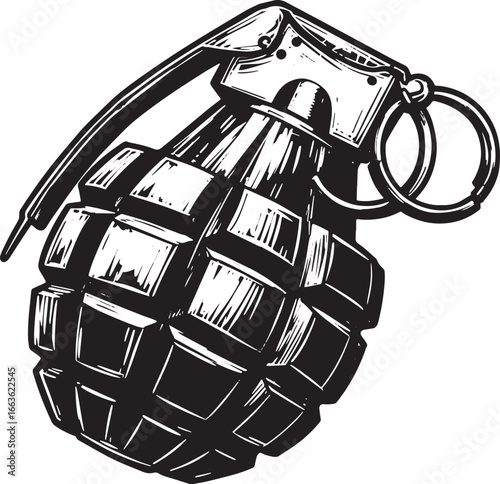 Illustrative grenade, black and white drawing with woodcut textu