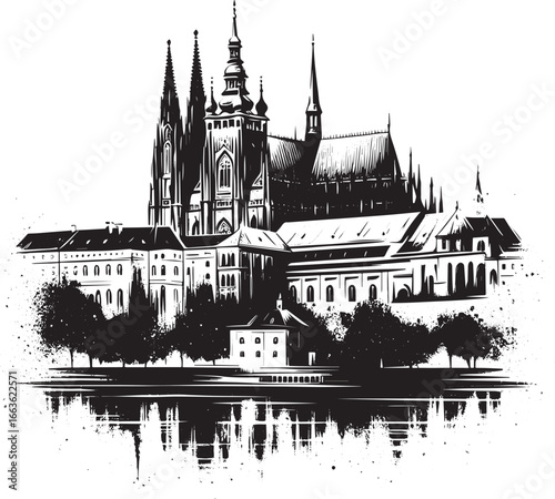 Elegant Ink Wash Depiction of Prague Castle Silhouette with Subt