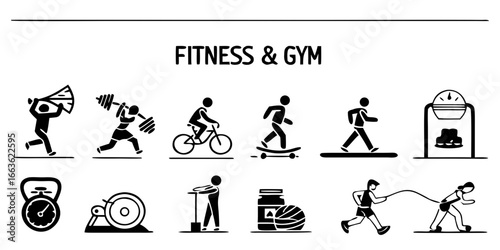 Silhouettes of gym and fitness icons 