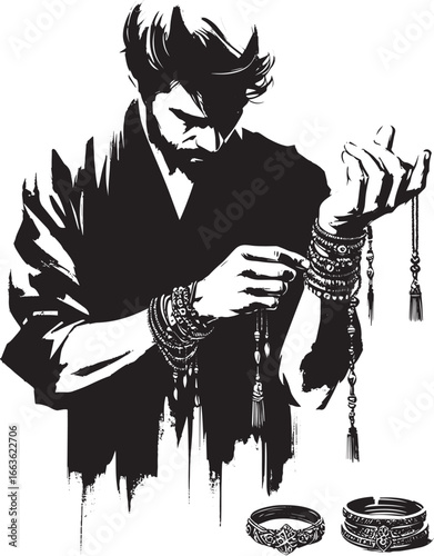 Elegant man arranging ornate bracelets in sumi-e style, japan, b