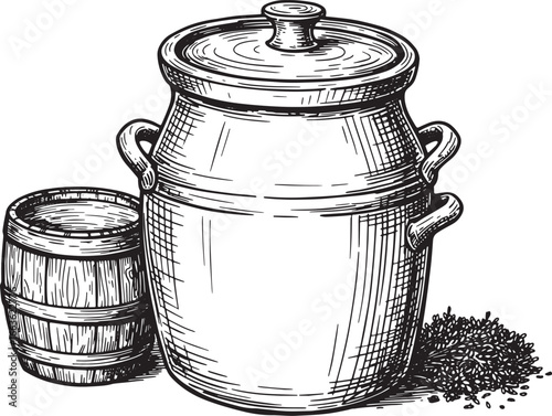 Hand-drawn black and white illustration of fermentation crock an