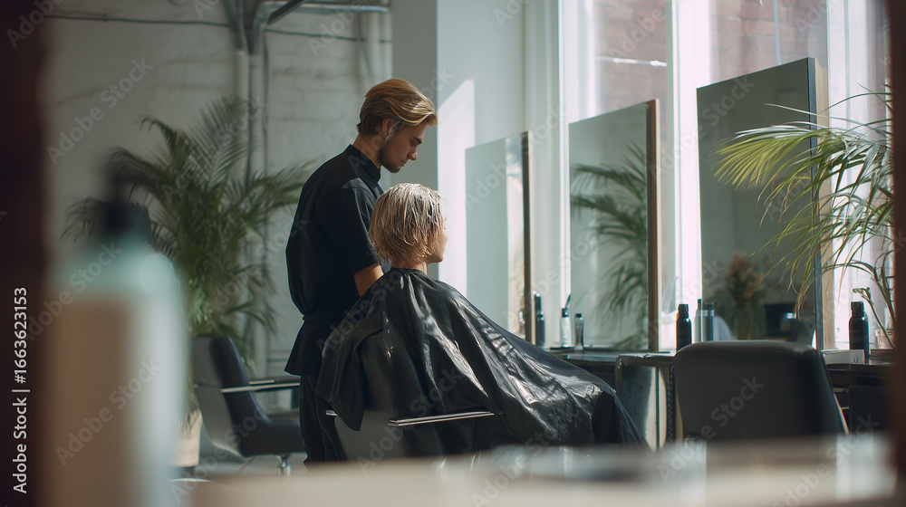 © AndyGordon - Hairdresser cutting and styling a client’s hair in a modern salon interior. © AndyGordon - Hairdresser cutting and styling a client’s hair in a modern salon interior.